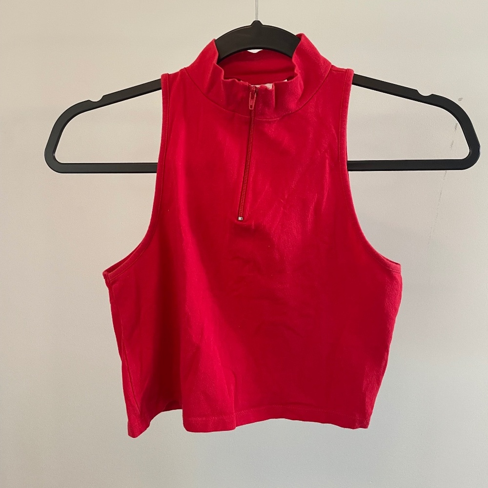 Topshop Zip-Up Mockneck Red Cropped Tank
